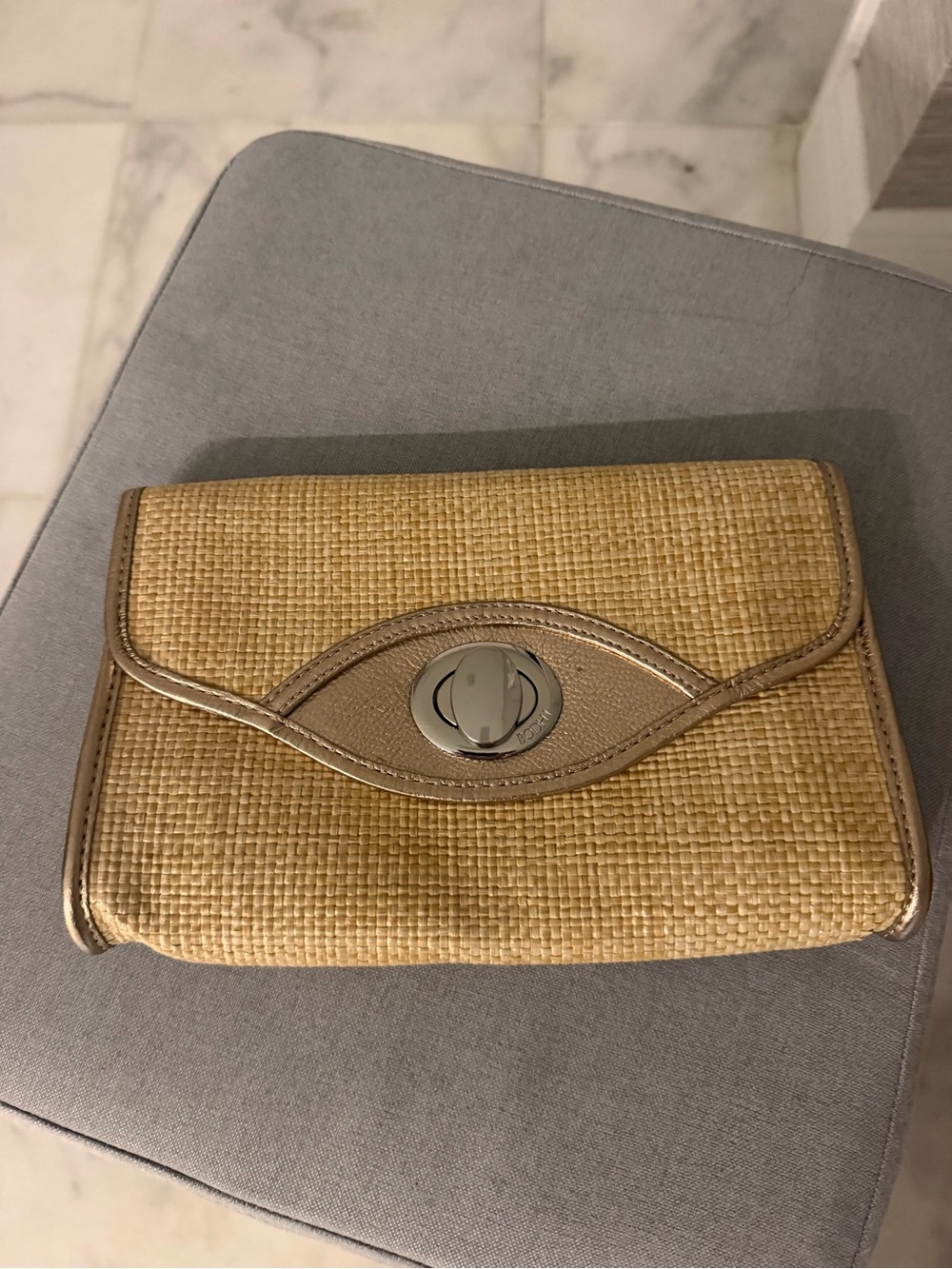 Woven Straw Wristlet Clutch with Metallic Trim